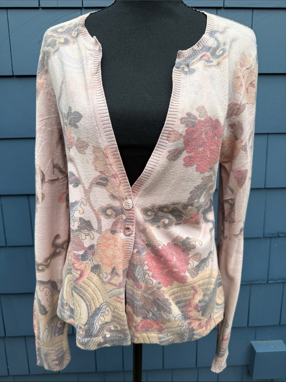 ONE WORLD Pink Floral V-Neck Button Cardigan large gorgeous sweater